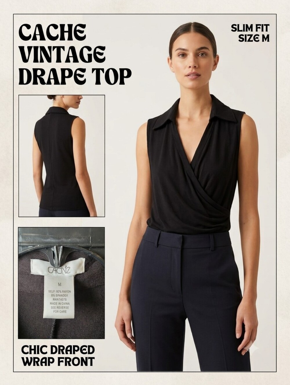 Cache Sleeveless Black Draped V-Neck Top with Collar - Picture 1 of 5